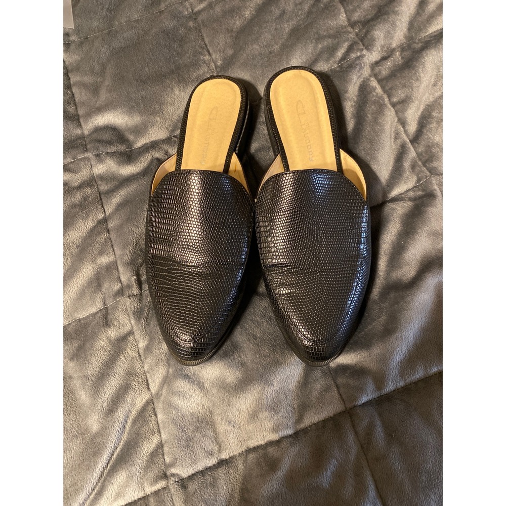 CL Laundry Womens Black Faux Snakeskin Pointed Toe Mules Flats Size 8.5